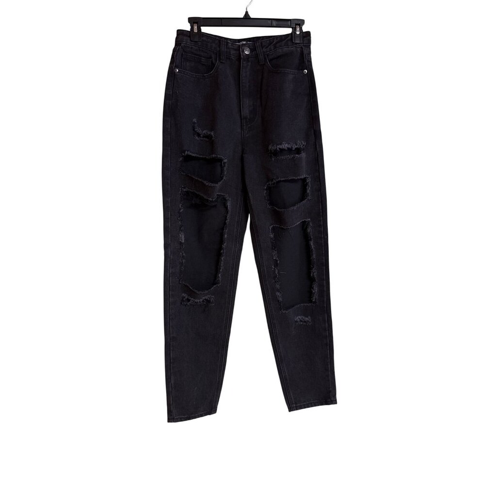 PrettyLittleThing Washed Black Ripped High-Waisted Mom Jeans UK 10